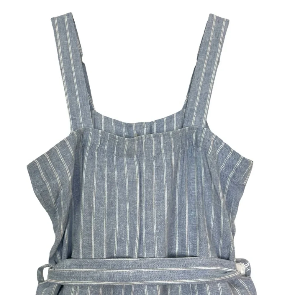 Everlane Linen Square Neck Blue Pinstripe Button‎ Down Tie Front Jumpsuit 2 NWOT